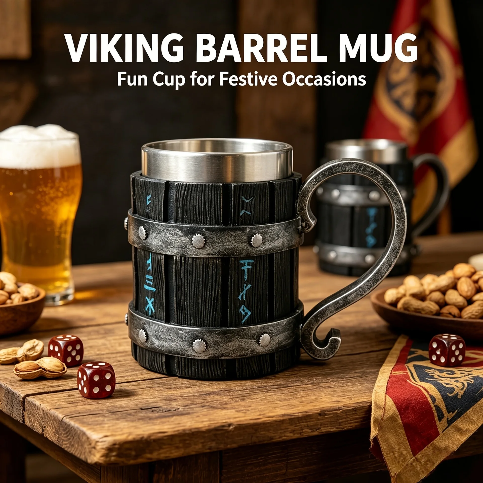 450ML Medieval Retro Viking Rune Imitation Wooden Wine Barrel Beer Mug Resin Stainless Steel Coffee Cup Wine Glass Beer Cup