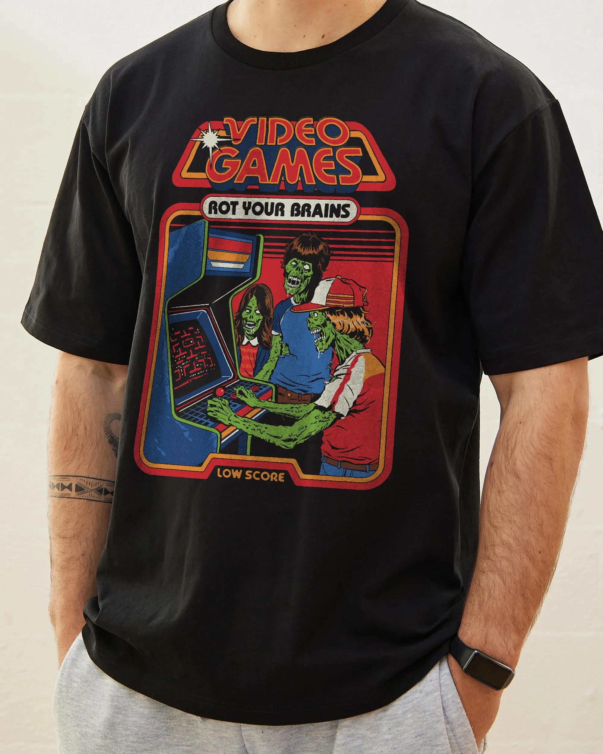 

Trendy Video Games Rot Your Brains Cotton Tee Retro Gamer Zombie Graphic for Casual Looks Halloween Tee All Saints' Day