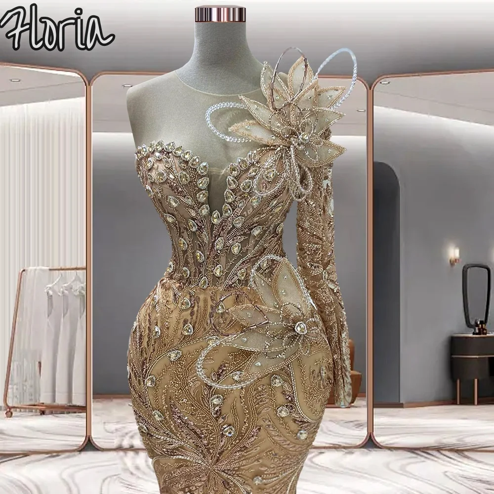 

Dubai Aso Ebi Customized Formal Occasion Dress With 3D Flowers Sexy Sparkly Rhinestone Sequined One Shoulder Evening Party Dress