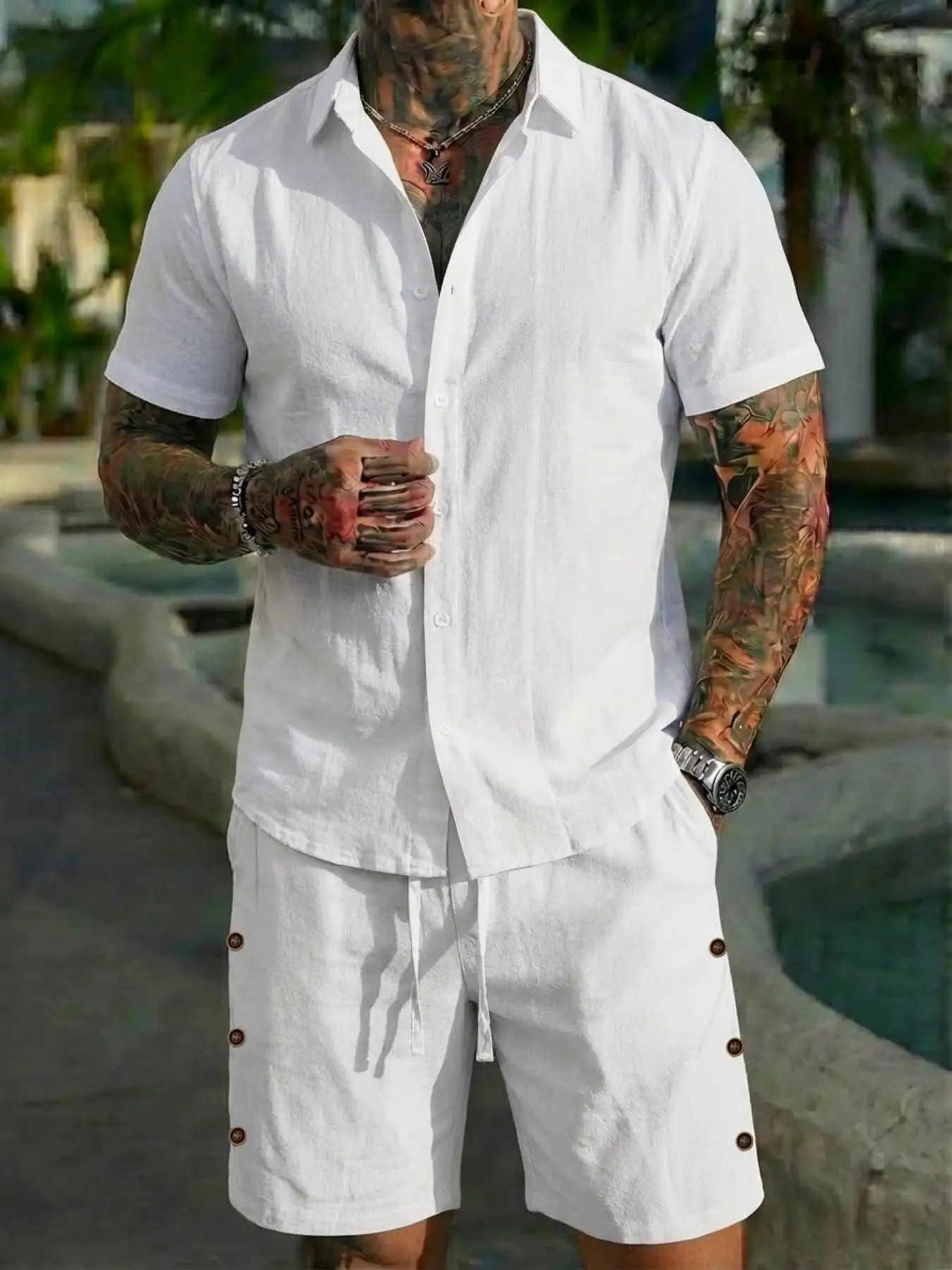 

2026 European and American cross-border Amazon AliExpress summer men's casual shirt short sleeved beach pants set