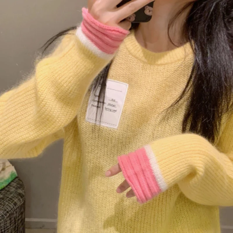 Women Autumn Winter Sweater Contrast Color Patchwork Long Sleeve O Neck Pullover Jumpers Casual Vintage Pull Femme Purple Jumper