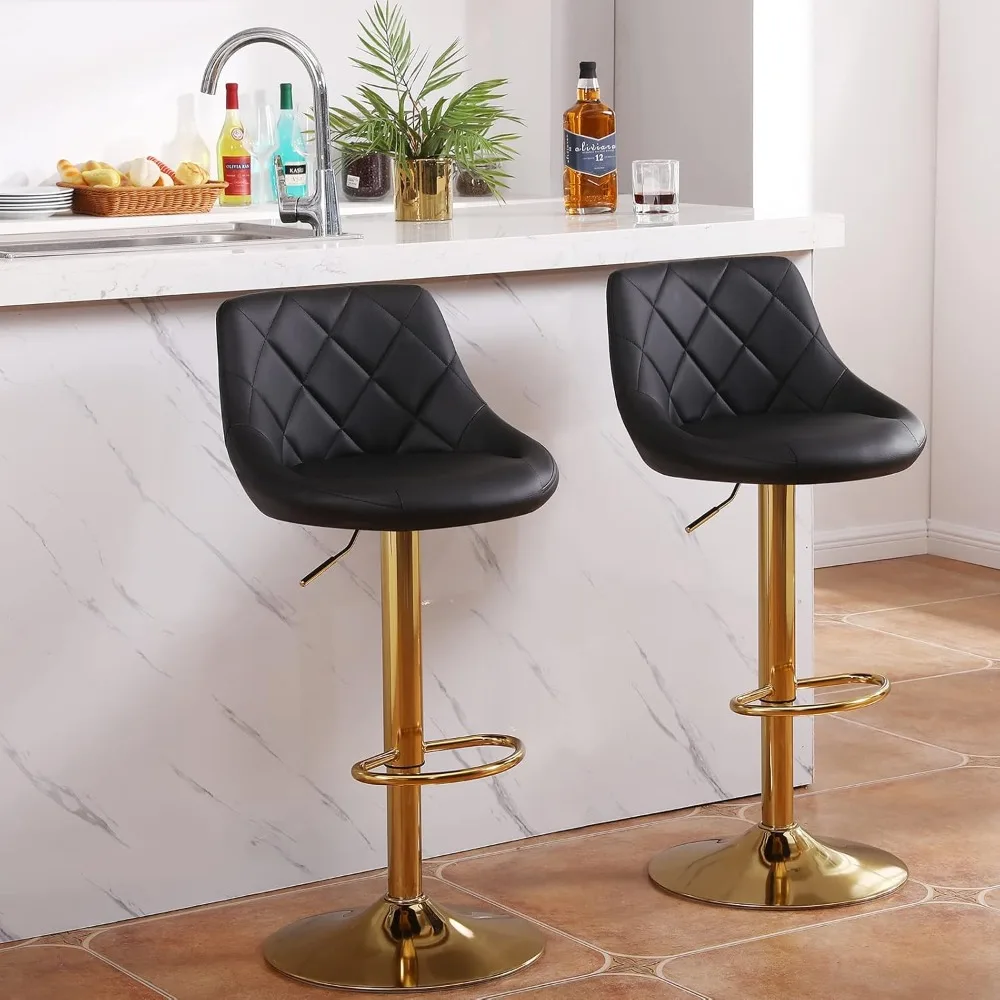 

Leather Swivel Counter Height Bar Stools, Adjustable Bar Chairs Set of 2, Modern Barstools Lift Stools with Mid Back and Gold