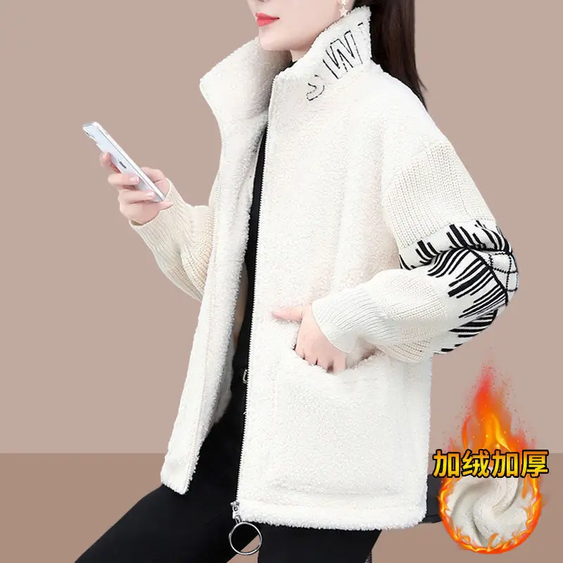 Warm Stitching Lamb wool Winter Jacket Female 2023 Fashion Loose Plus velvet Thick Coat Short Casual Women\'s Zipper Outwear Tops