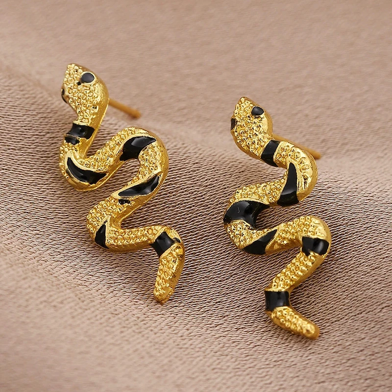 شخصية المعادن بيند الأفعى أقراط للنساء الذهبي الفضة اللون الحيوان شريط أسود استرخى أقراط قطرة خمر مجوهرات هدية