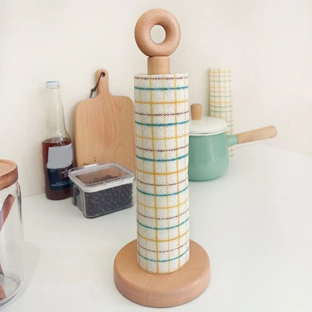 Practical Anti-Slip Wooden Roll Paper Rack Free Standing Cute Vertical Napkins Rack One-handed Tear Paper Towel Holder Bathroom