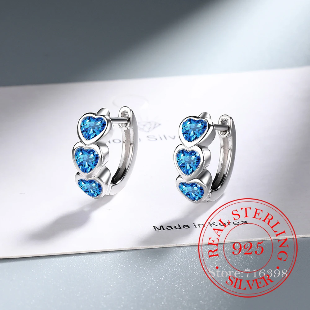 Echt Geld 925 Sterling Zilver Koreaanse Eenvoudige Blauwe Zirkoon Hoepel Oorbellen Voor Vrouwen S925 Bruiloftsfeest Sieraden Cadeau Aretes De Mujer