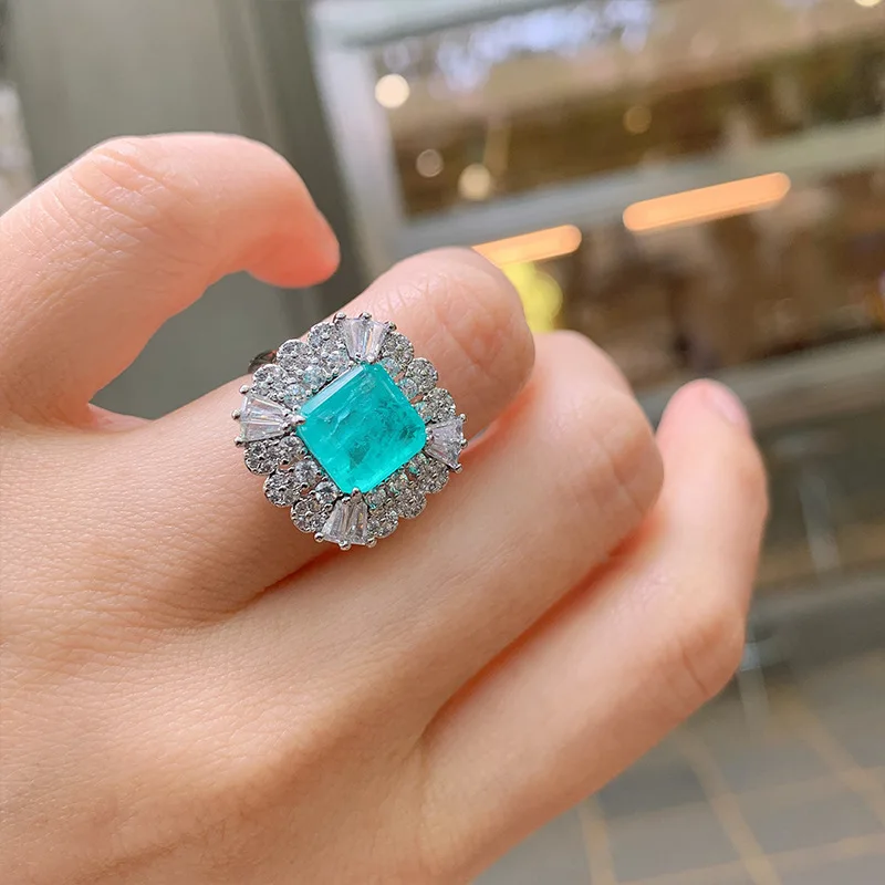 

Bada Electroplated Simple Zircon Ring for Women Square Blue Open Ring for Women