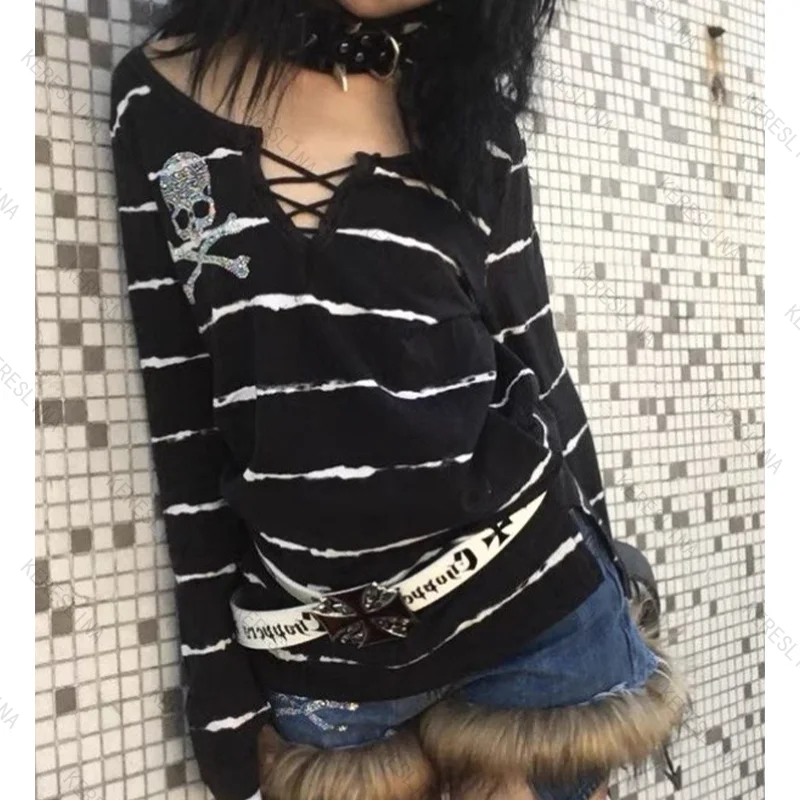 E-girl Gotico Retro Harajuku Y2k Sottocultura Millennium Hot Girl Style Top a maniche lunghe a righe High Street Trendy Top a maniche lunghe
