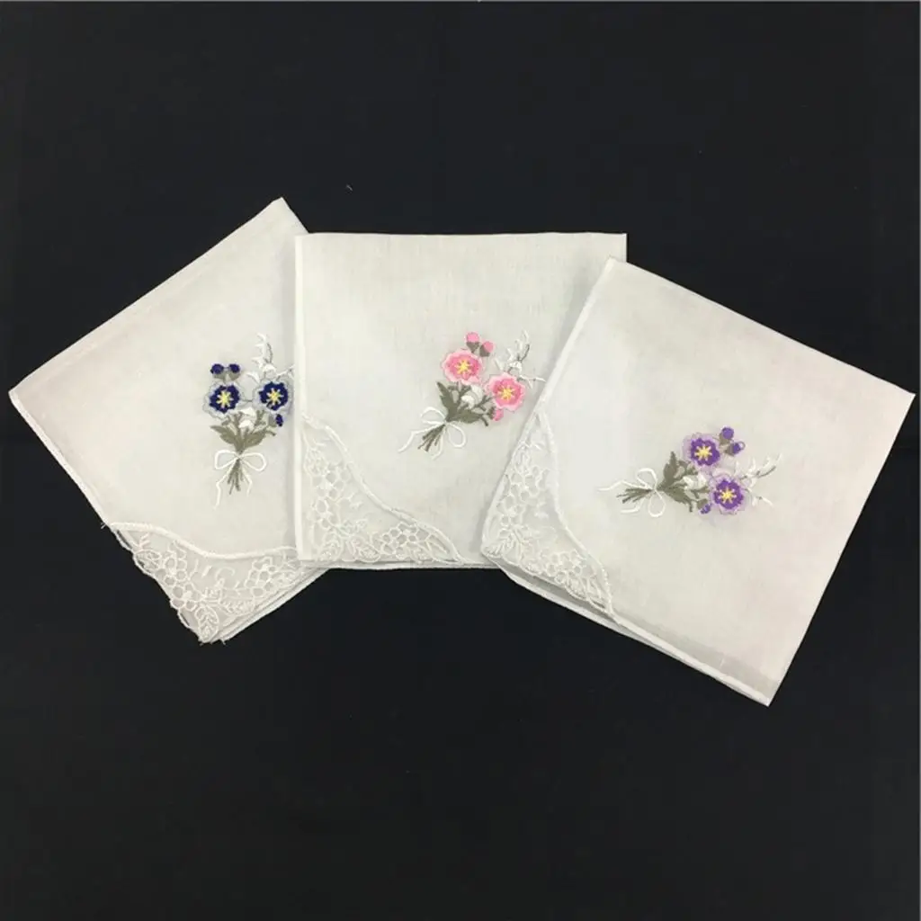 12Pieces Women' Embroidered with Lace Hanky Hankie Kerchiefs Towel for Women