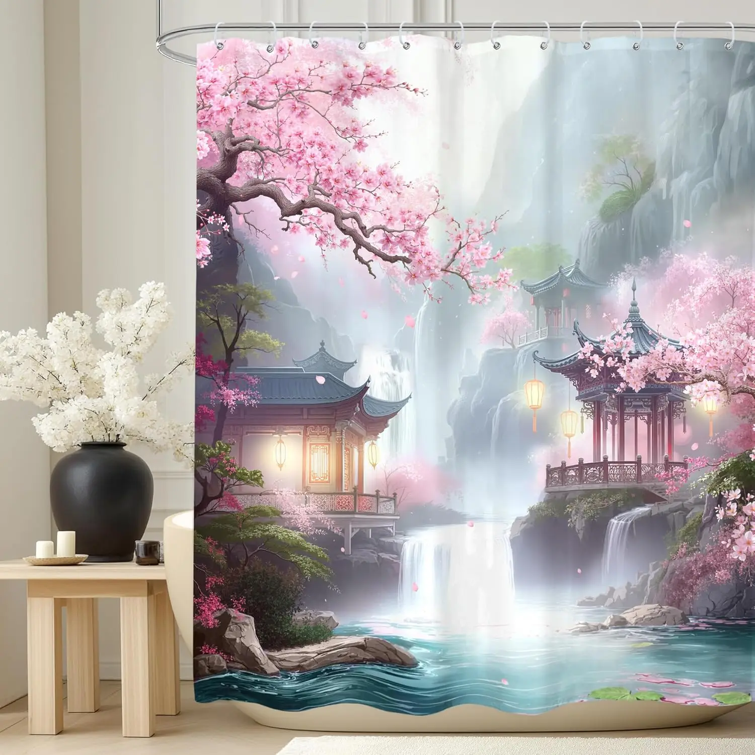 

Японская азиатская шторка для душа с изображением вишневого цвета, розовыми цветами, китайскими горами и водопадом, природный пейзаж, водонепроницаемая ткань