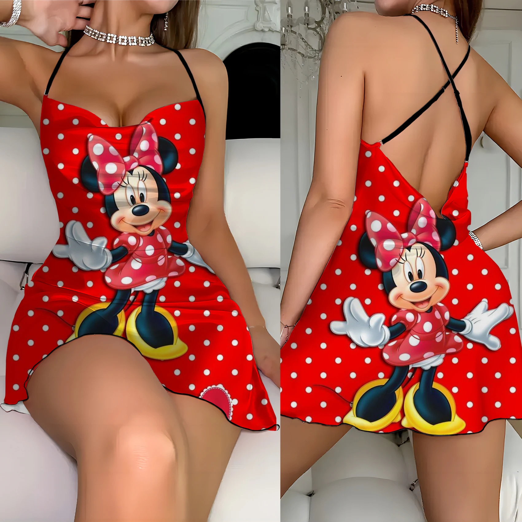 Slip Dress Lettuce Trim Elegant Dresses for Women Mickey Disney Crew Neck Minnie Mouse Fashion Summer 2024 Backless Neck Dress