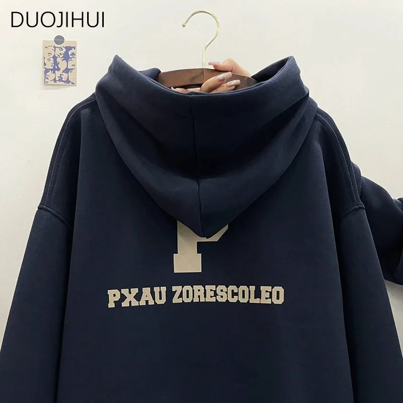 DUOJIHUI American Vintage Navy Blue Loose Women Hoodies Spring Letter Printed Fashion Drawstring Hooded Simple Female Hoodies