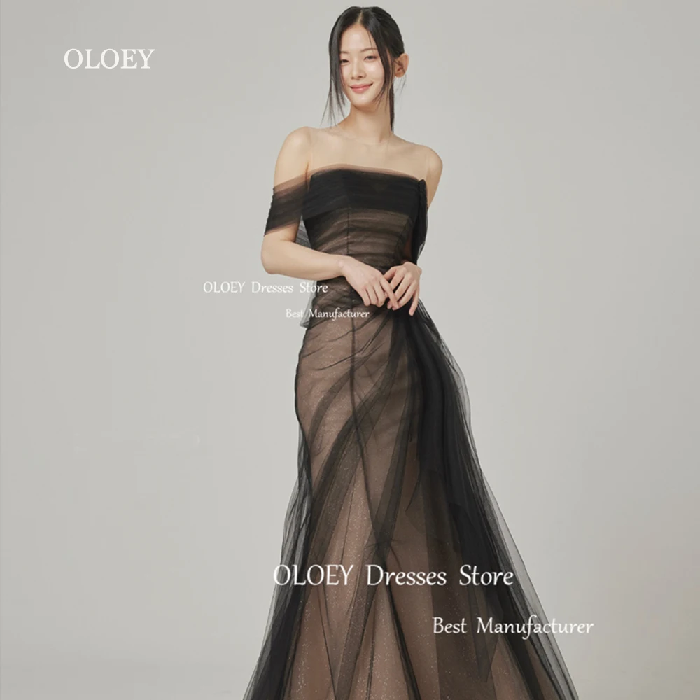 

OLOEY One Shoulder Fairy Black Mermaid Evening Dress Wedding Photo Shoot Tulle Korea Party Formal Prom Gowns Corset Floor Length