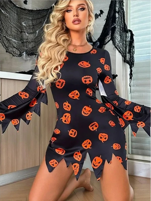

Хэллоуин сексуальное женское платье униформа комплект с принтом тыквы тонкий комплект с высокой талией для девочек интересное платье униформа комплект