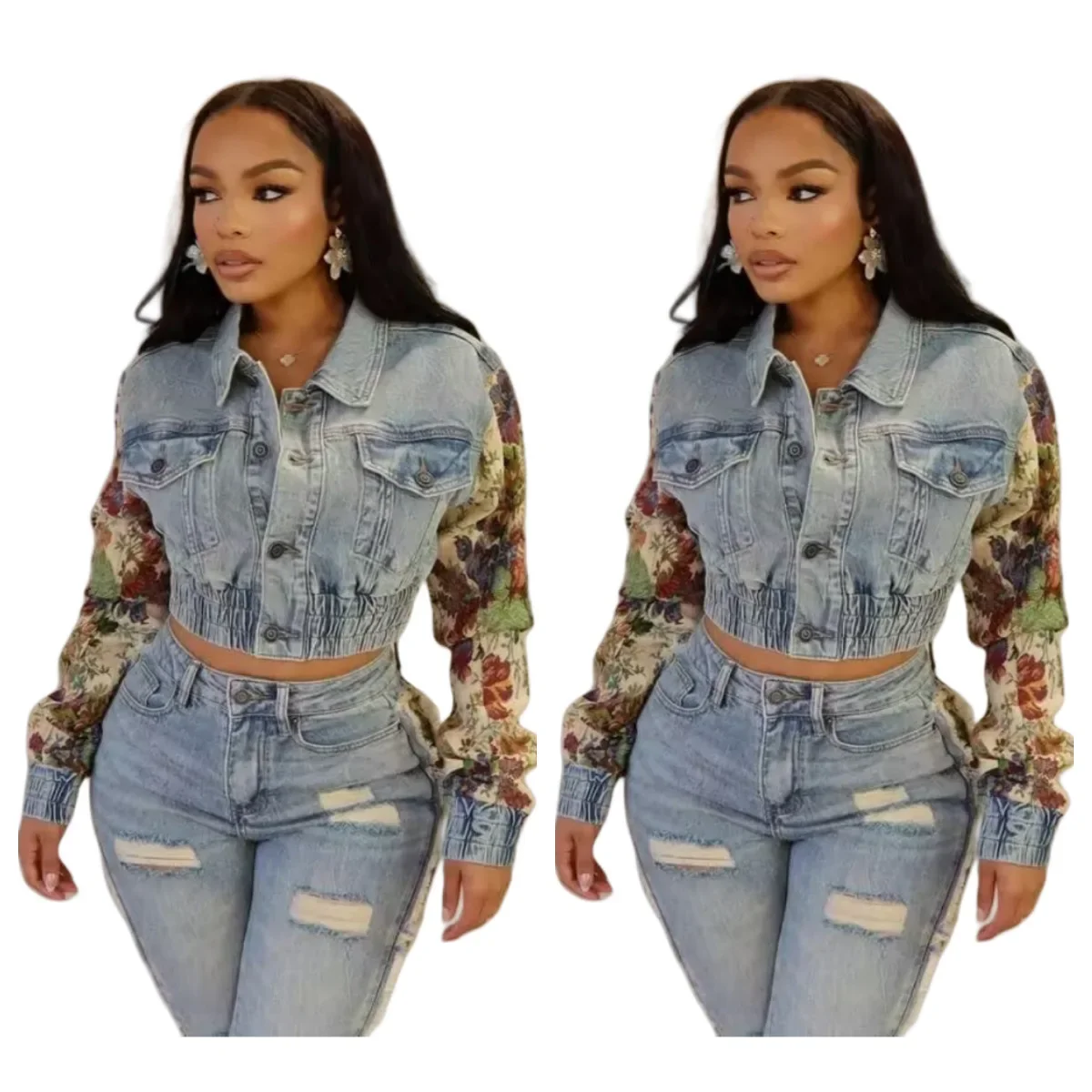 Women Spliced Denim Jackets Single Breasted Coat Distressed Long Sleeve Turn Down Collar Pockets High Street Slim Washed