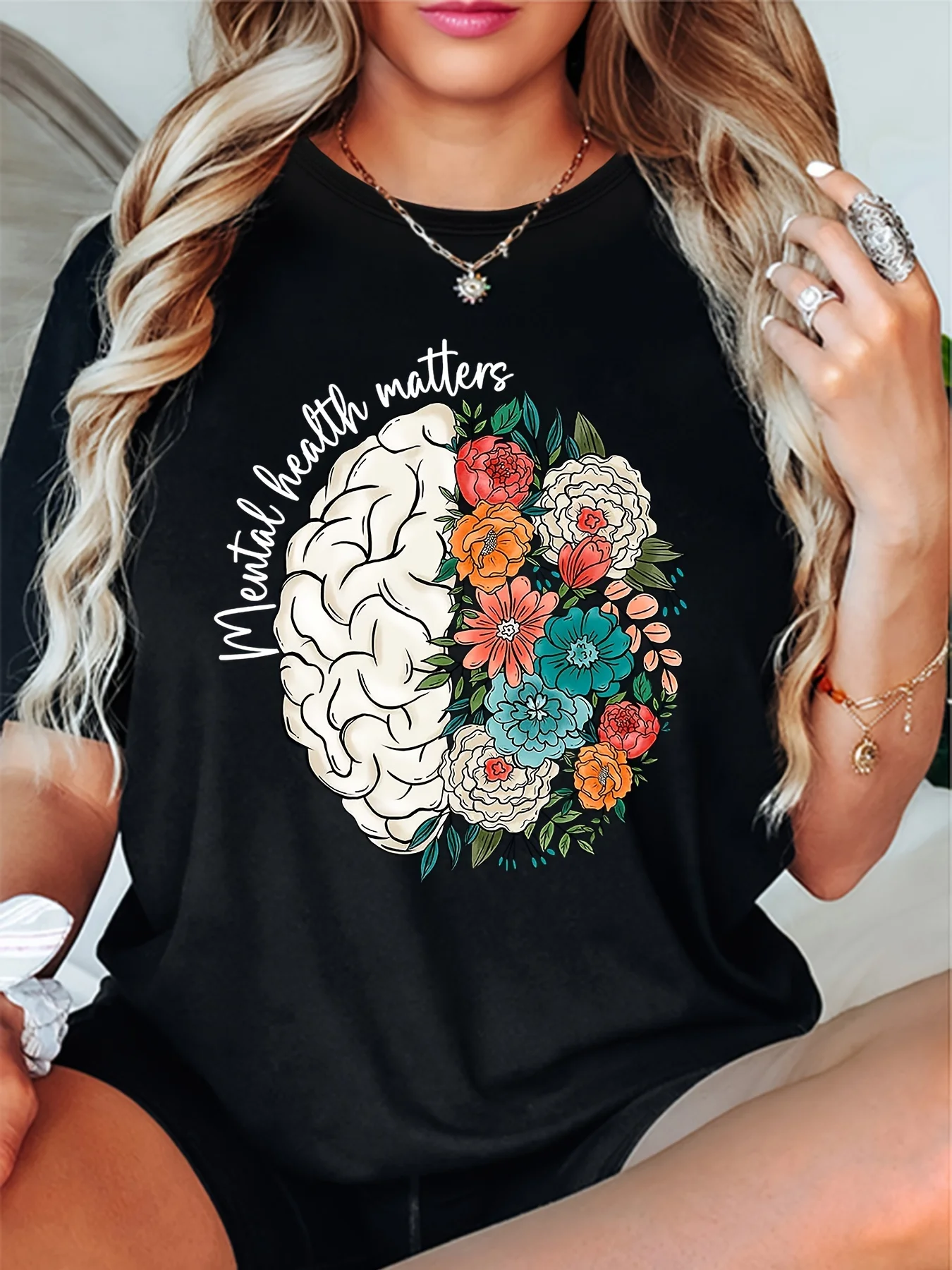

Women'S Round Neck Short Sleeve T-Shirt With Floral & Brain Print, Casual Sports Daily Top For Spring & Summer