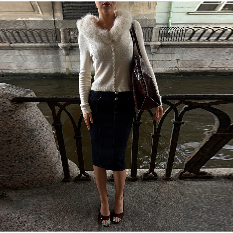 Cable Knit Cardigan with Faux Fur Collar — product details 38