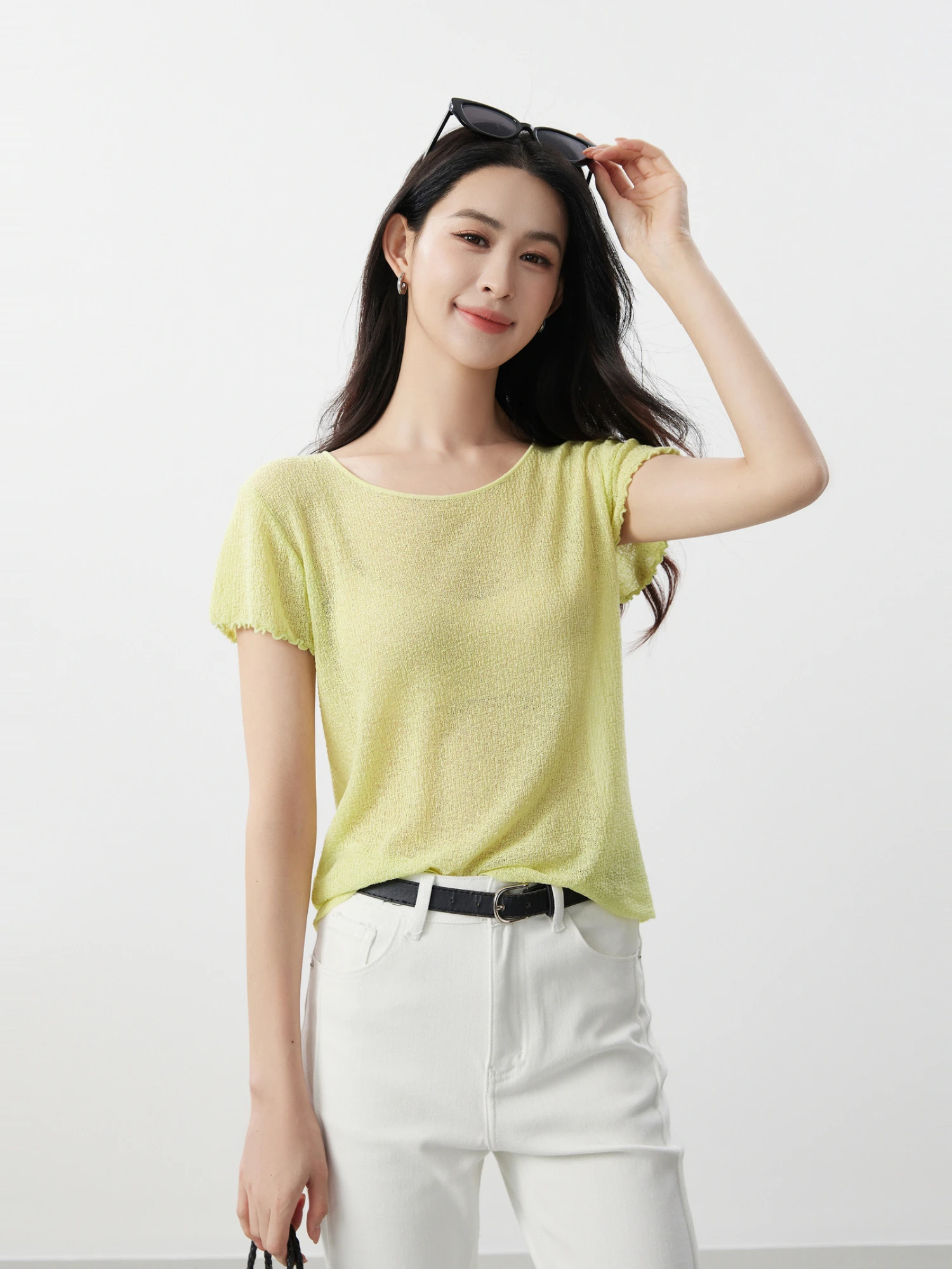 

Style Short Sleeve Knitted Sweater Women's Elegant Casual Soft Acrylic Lyocell Blend Thin Short Length Wood Grain