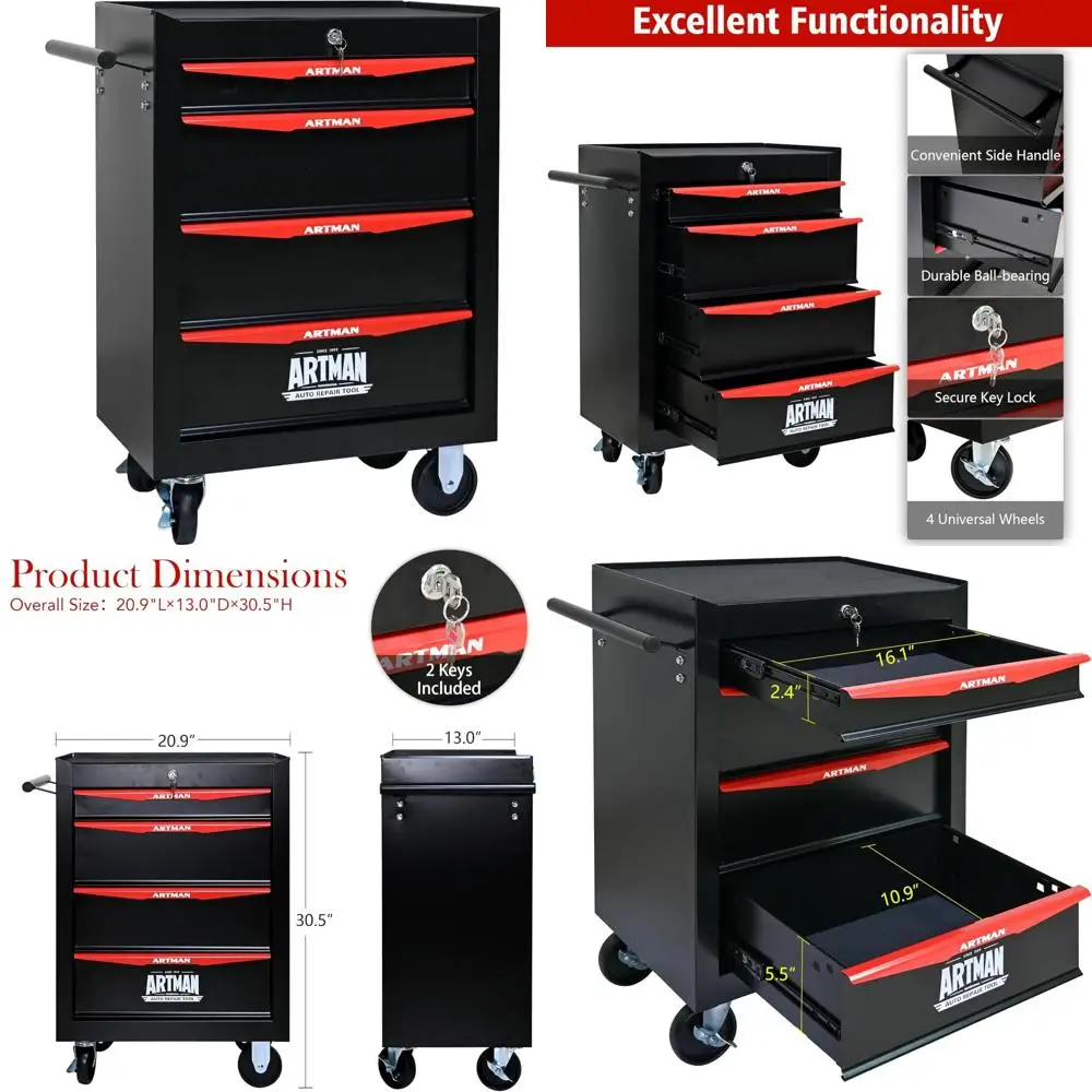 صندوق تخزين أدوات دوارة متعدد الوظائف مع 4 أدراج، منظم عربة شديد التحمل لورشة العمل وكفاءة المستودعات #1