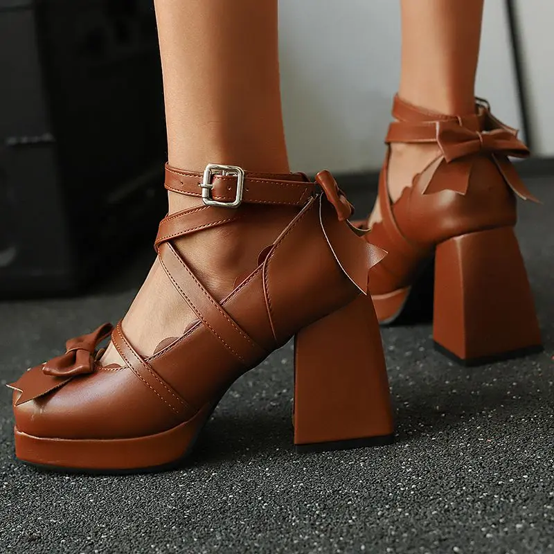 

SIMLOVEYO Fashion Buckle Strap Bowknot Large Size 46 47 48 Daily Shoes Sweet Female Pupls Square Toe High Heels 9cm Platform 2cm