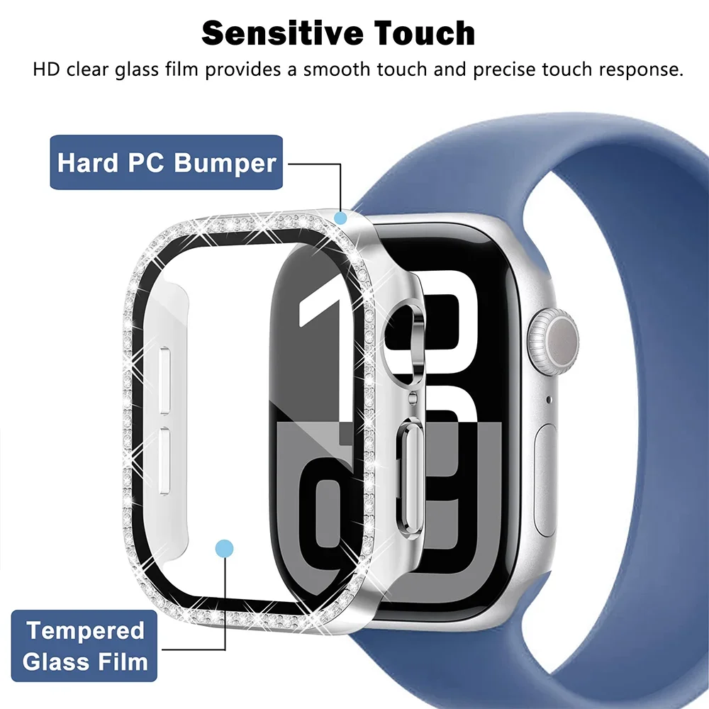 Glass+Diamond Cover For Apple watch case 46mm 44mm 42-41mm 45mm 40mm Bling Bumper Protector iWatch series 10 9 8 7 6 5 4 se case