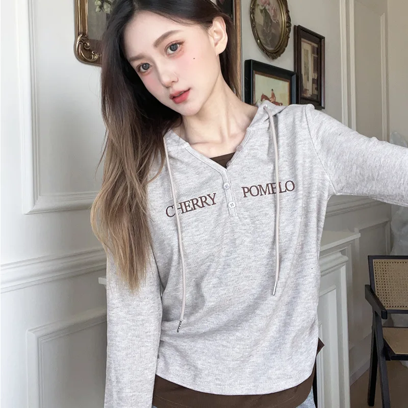 New Women Hooded Sweatshirts Long Sleeve Drawstring Casual Female Outwear Spring Autumn Jogger Top Woman Fake Two Pieces Hoodies