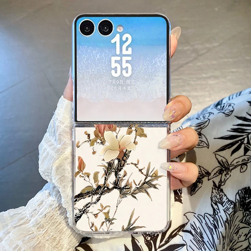 Magnolia Flower Printed Phone Case For Samsung Galaxy Z Flip 8 7 FE 6 5 4 3 5G PC Folding Clear Cover For Samsung Z Flip7 Flip8