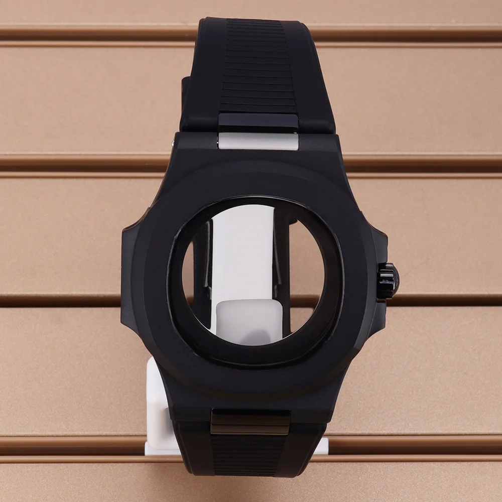 

40mm Black Watch Case Waterproof Transparent Back Rubber Strap For NH35 NH36 NH38 NH72 Movement Nautilus Style Replacemet Parts