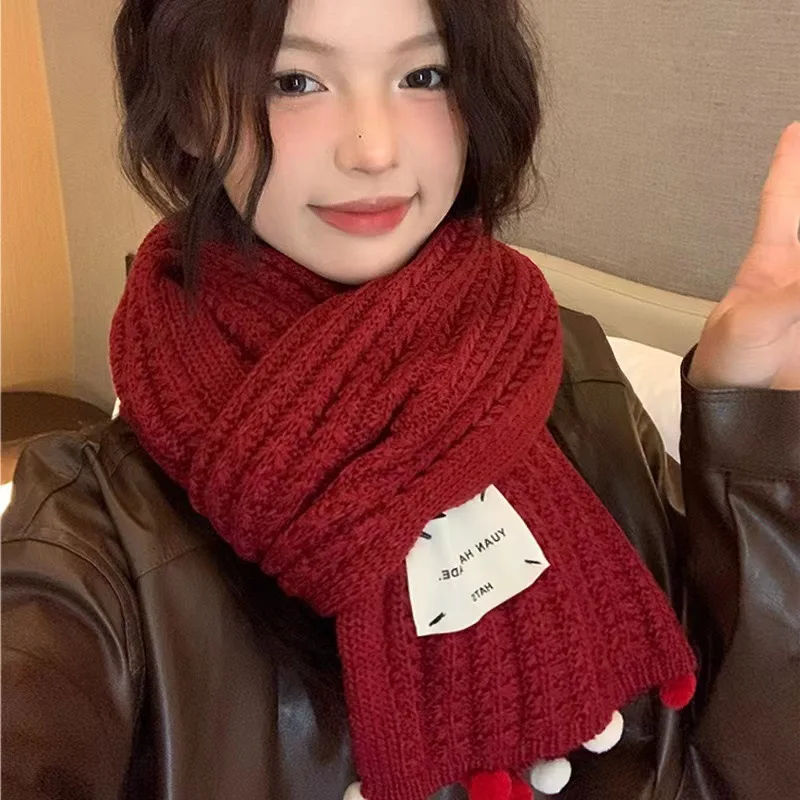 

Women's Winter New Year's Red Knitted Wool Scarf New Ladies Fashion Korean Version of The Senior Sense of Warm Couple Scarf Lady