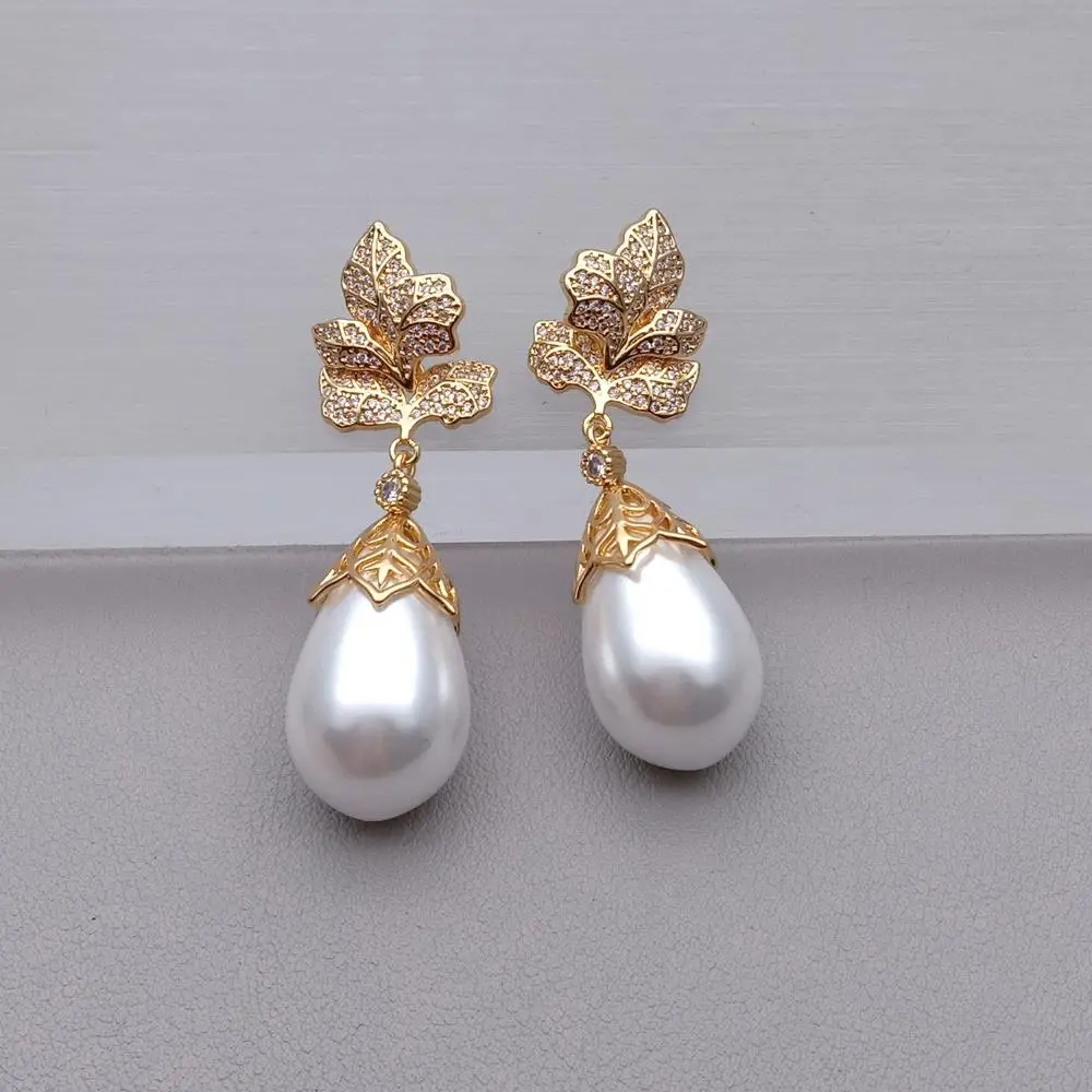 YYGEM 16x26mm White Sea Shell Pearl Teardrop Dangle Cz Pave leaf shape  Stud Earrings