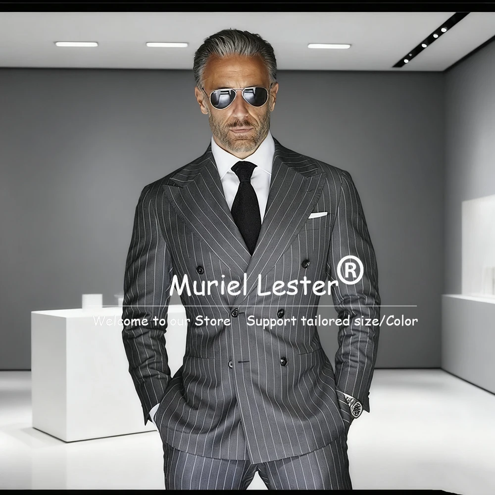 

Классические костюмы в полоску из 2 предметов (куртка + брюки), мужские двубортные деловые пиджаки для выпускного вечера, облегающие смокинги для жениха по индивидуальному заказу