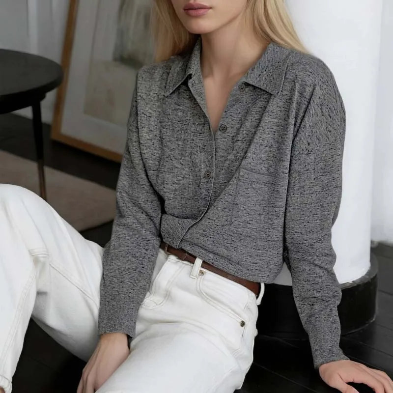

Women Knitted Polo Cardigan Shirts Button Down Sweater Marled Linen Wool