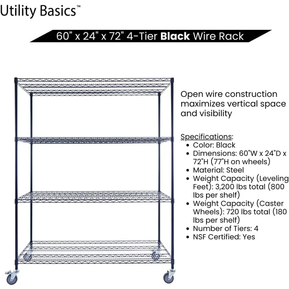NSF Commercial 4-Tier Wire Shelving with Wheels,Heavy Duty Metal Shelves 3200 lbs Max Capacity, Black Storage Rack for Garage