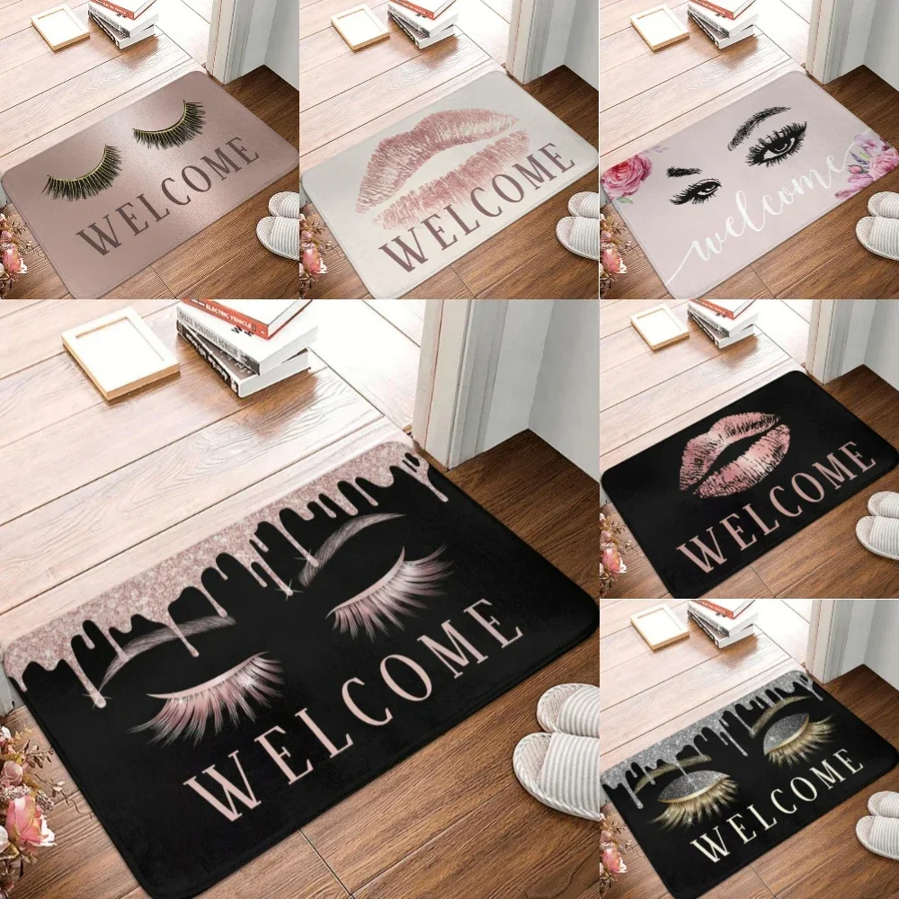 Rose Gold Glitter Sparkle Eyelashes Doormat Pink Lips Welcome Mat Beauty Hair Salon Floor Mat Bedroom Entryway Door Mat