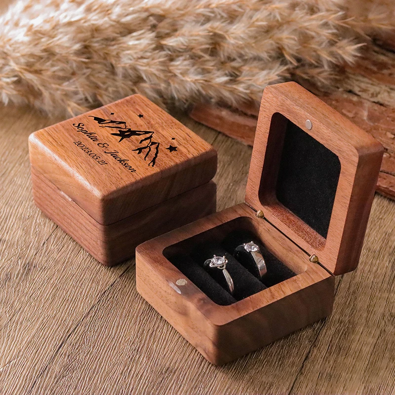 Personalized Wedding Ring Box Custom Wood Ring Box Engagement Ring Box Bearer Single Slot Proposal Engraved Holder