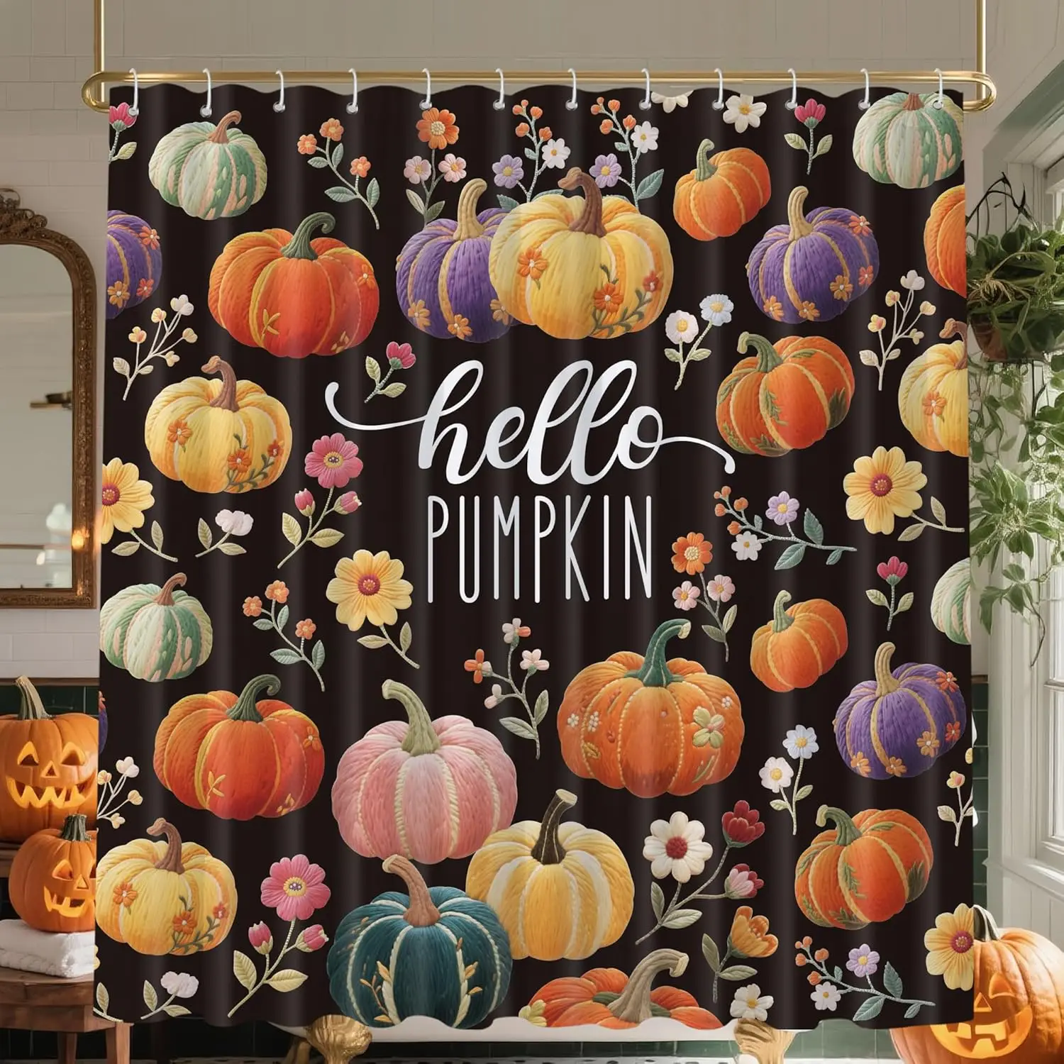 

Fall Pumpkin Floral Shower Curtain with Thanksgiving Harvest Pattern, Waterproof Heavy Duty Washable Bathroom Decor