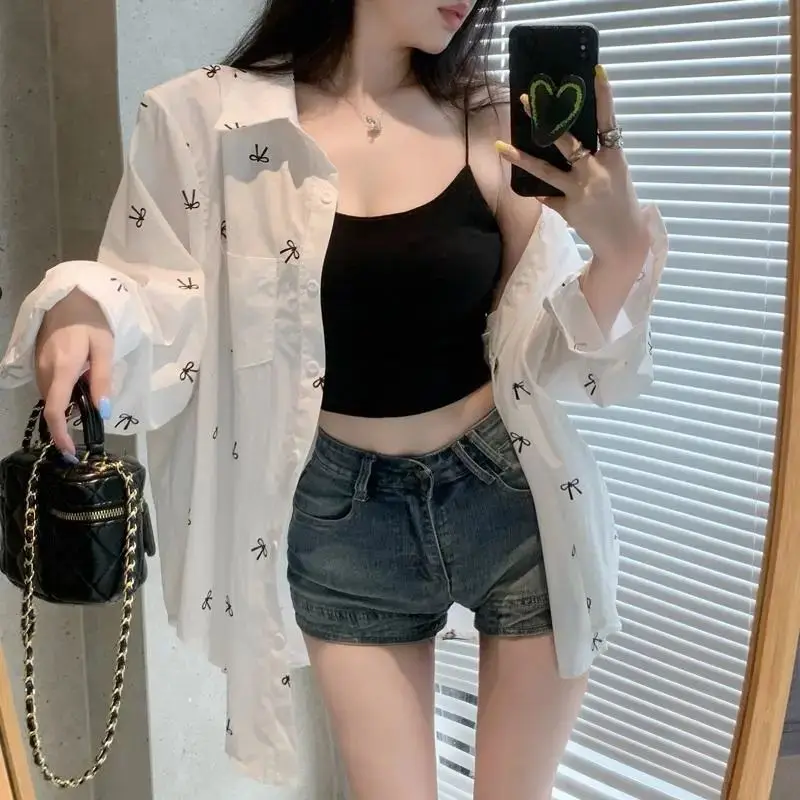 Spring Summer New Bow Printing Loose Blouse Polo Neck Long Sleeve White Korean Shirt Tops Street Casual Fashion Women Clothing