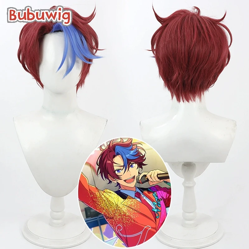 Bubuwig Synthetic Hair Nice Arneb Thunder Cosplay Wigs The English Ensemble Stars 30cm Short Red Mixed Blue Wig Heat Resistant