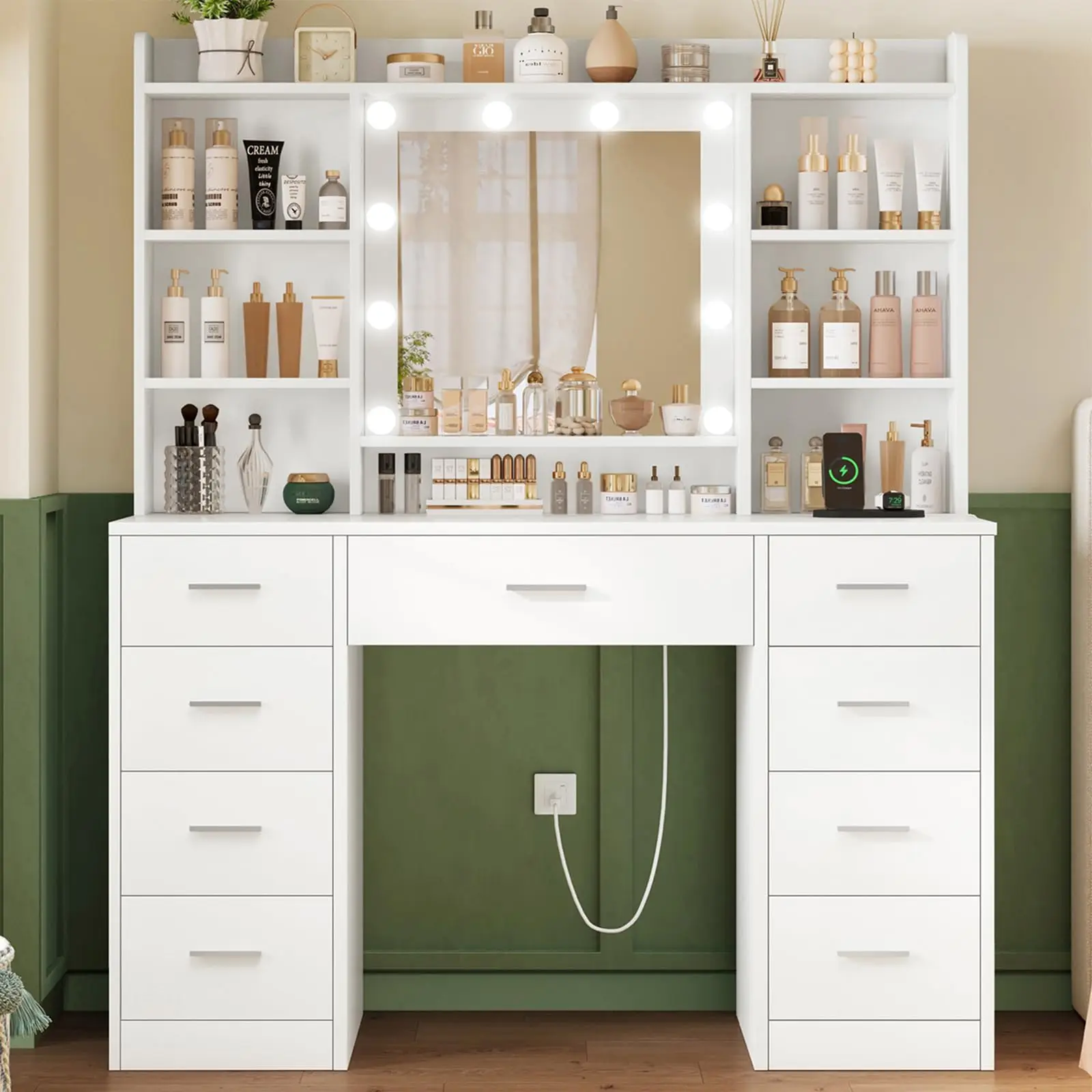 

Vanity Desk with Lights & Power Outlet, Makeup Vanity with 9 Drawers & 6 Open Storage Shelves, 3 Lighting Modes, White
