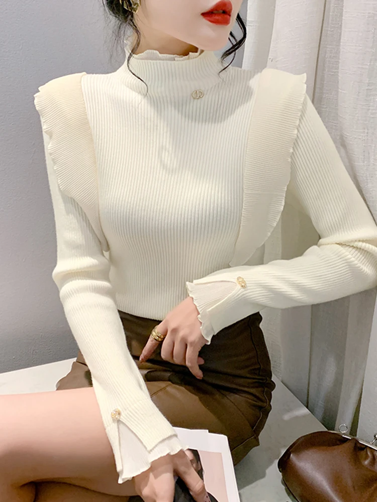 Winsleter Simple Basis Pullover Autumn Sweater Women Ruffle Collar Lace Patchwork Slim Knit Long Sleeve Workwear T39957JD