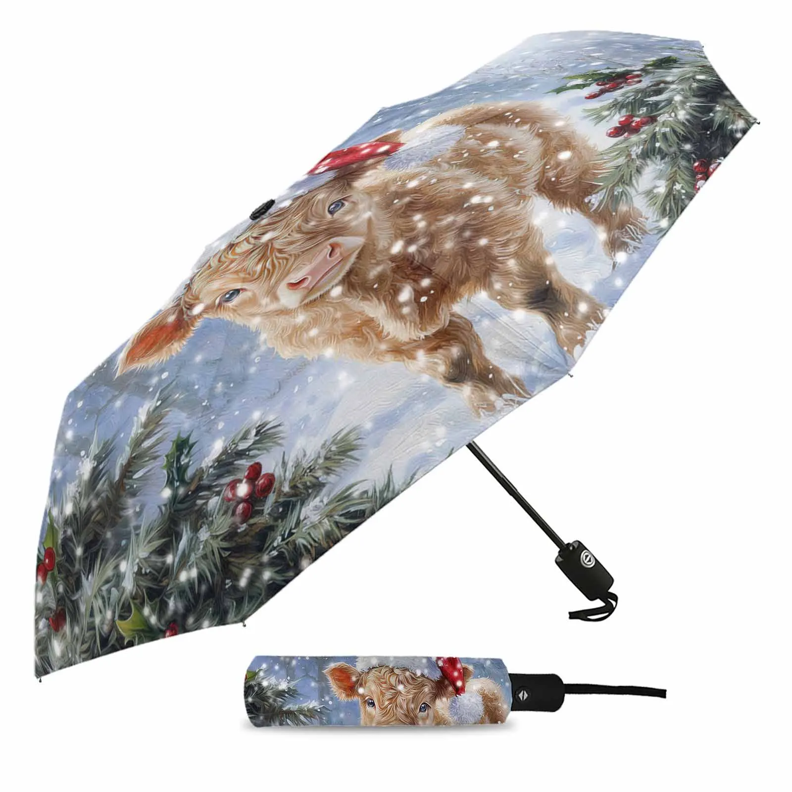 Oil Painting Christmas Highland Cow Flower Automatic Umbrella for Rain Foldable Parasol Umbrella Eight strand Outdoor Umbrellas