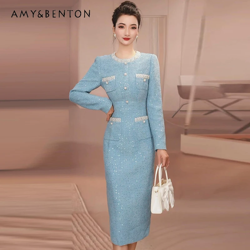 

2025 Autumn Winter New French Style Elegant Banquet Round Neck Slim Fit Light Blue Beaded High-End Long Bodycon Dress