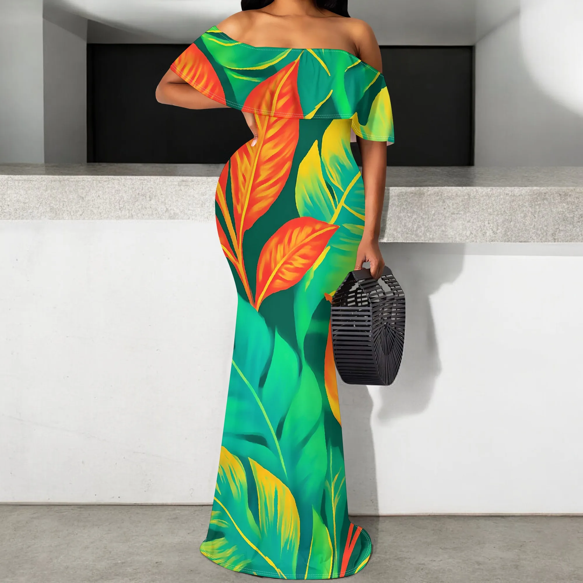 

Tropical Leaf Print Maxi Dress S-3XL Off Shoulder Bodycon Style for Island Vacation, Beach Party or Summer Getaway