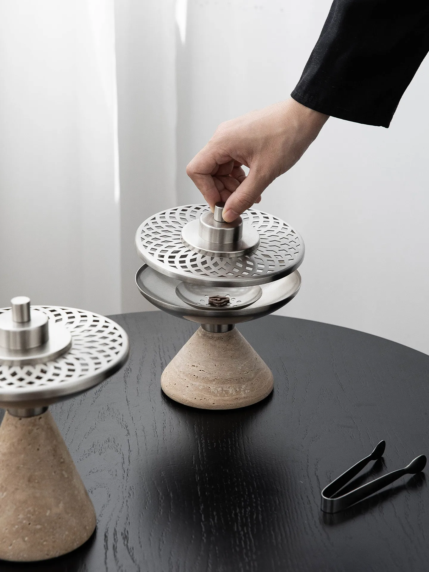 Travertine Incense Burner with Metal Hollow Lid Natural Stone Bakhoor Censer Oud Cone Incense Holder