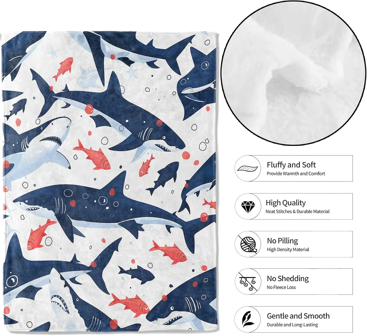 Shark Pattern Blanket Soft Flannel Throw Cover Kids Room Decor Ocean Theme Bedding Comforter for Boys Girls Bedroom Decor