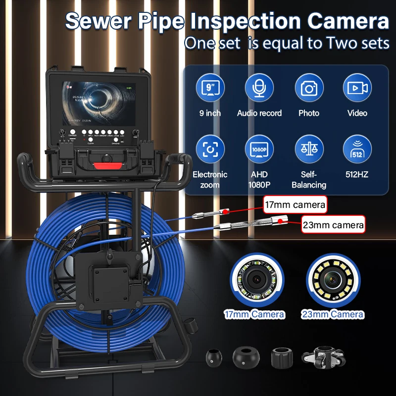 

Sewer Pipe Inspection Camera with 512hz Locator 9 Inch 1080p Display 7MM Fiberglass Cable 512HZ Receiver Self-Leveling