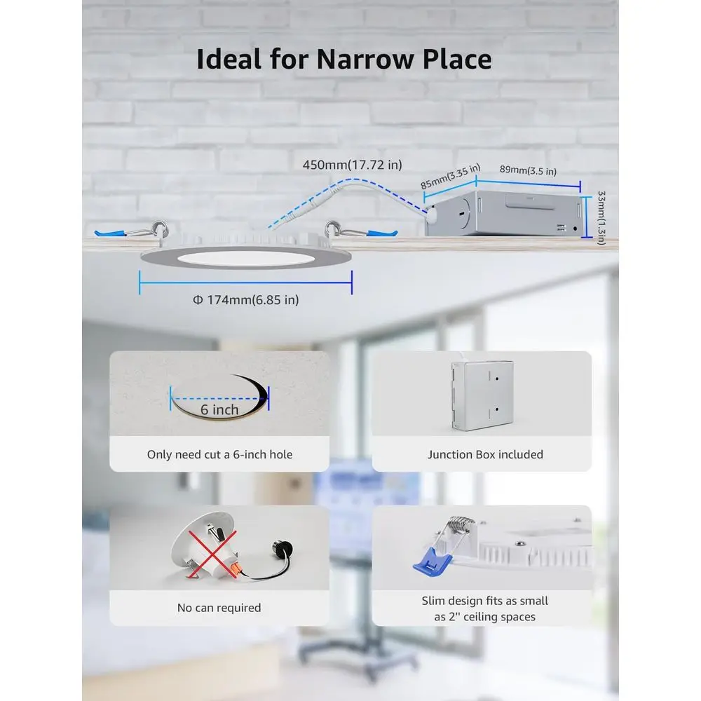 Luz LED Embutida de 6 Polegadas - Designer de Iluminação Personalizado com IA, Luzes Quentes Reguláveis que Sincronizam com Música, Downlights Inteligentes que Funcionam com Wi-Fi