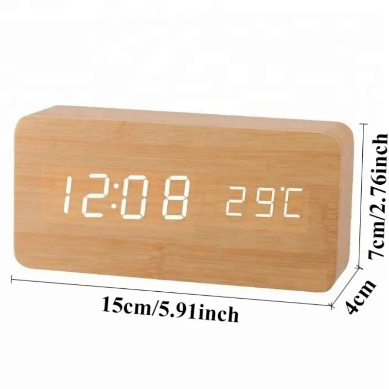 Digital LED Wooden Alarm Clock With Temperature Voice Control Snooze Electronic Desk Clock USB AAA