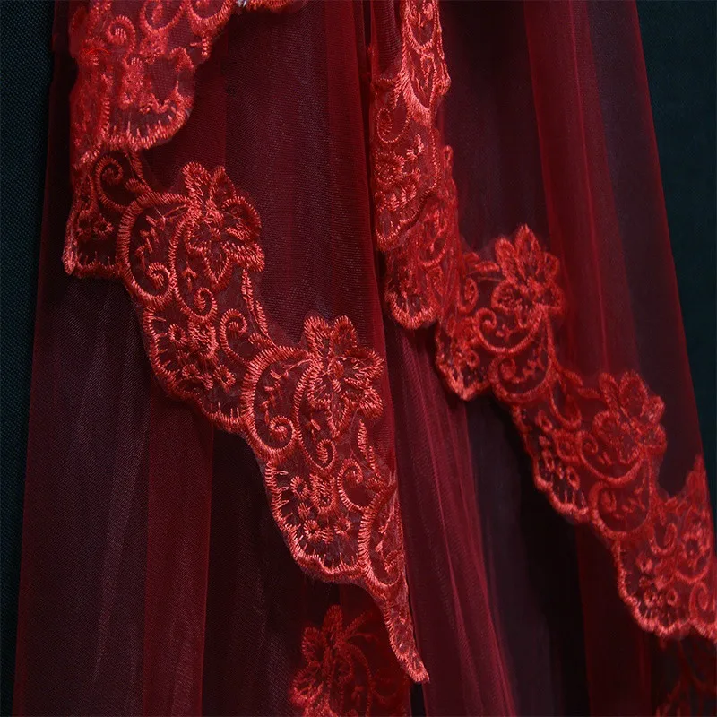 Retro Red Cathedral Long Lace Wedding Veil  Tulle with Appliques Bridal Veil