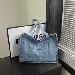 Borse Tote in Denim ad alta capacità cerniera per pendolarismo in stile base 2024 in vendita borse a tracolla da donna in tinta unita semplicità